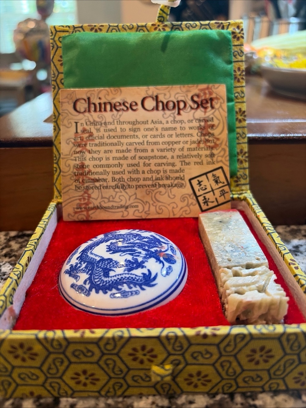 Chinese Chop Seal Set with Blue Dragon Porcelain Ink Pad and Carved Stone Seal